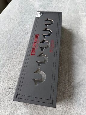 True Religion Black Gift Box with Red Logo and Silver Horseshoe Cutouts